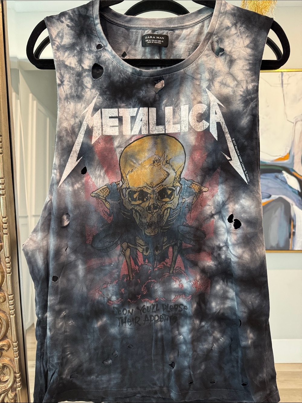 Zara Black Gray Tie-Dye Metallica Tank with Yellow Skull